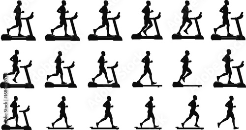 Running silhouette, treadmill workout, fitness training, gym exercise, healthy lifestyle, cardio workout, sport activity, athlete, jogging indoors, wellness