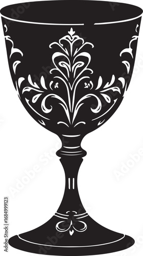 Ornate Goblet Illustration in Black and White with Intricate Floral Designs and Elegant Shape for Graphic Projects