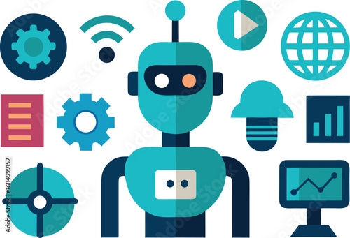 Futuristic artificial intelligence collection vector icons featuring robot and technology symbols for digital design