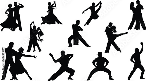 Silhouette dancers performing ballroom, tango, salsa, hip hop, modern choreography, dance couple, performance art, entertainment, movement, stage