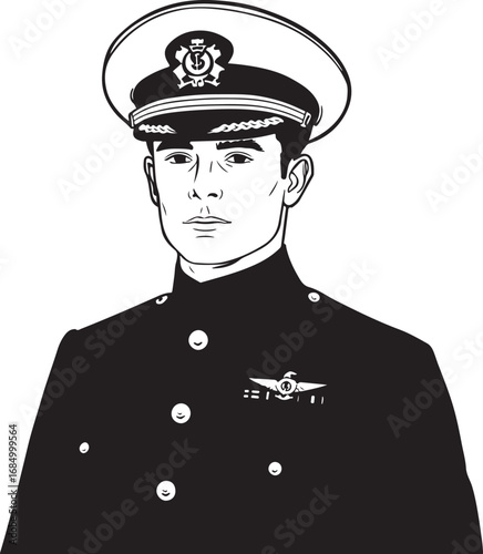 Portrait of a distinguished naval officer in black and white with strong facial features and traditional uniform elements