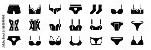 Lingerie and Underwear Icon Set – Black and White Line Icons for Fashion, Apparel, and Intimate Wear