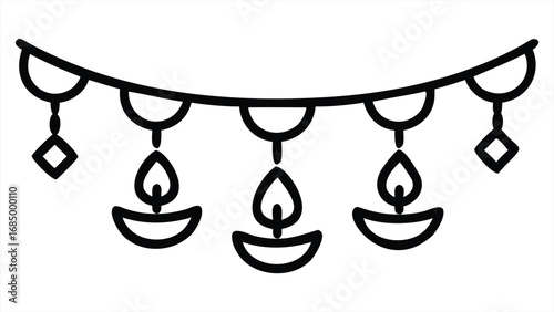 Hand-drawn Diwali garland decorative elements celebrating the festival of lights with diya lamps and diamond ornaments for festive Indian celebrations and greetings.