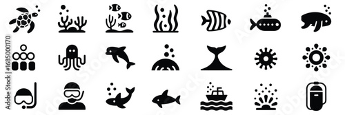 Underwater & Marine Life Icon Set – Black Silhouette Symbols for Ocean Creatures, Diving, and Sea Exploration"