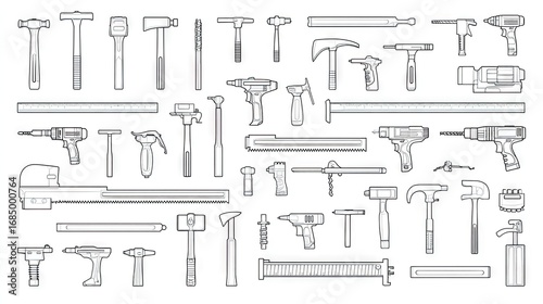 Collection of various hand tools and power tools in a simple line art style.