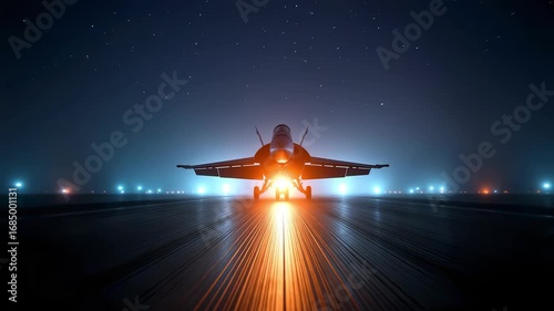 Fighter Jet Poised for Takeoff at Night