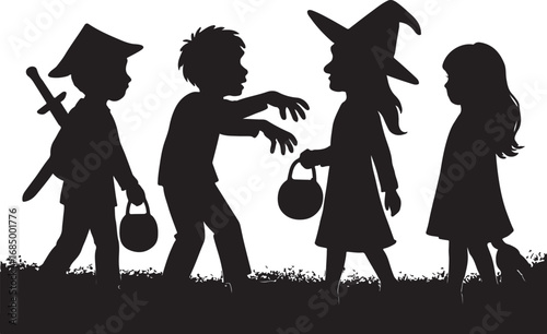 Silhouette of Kids in Halloween Costumes Trick or Treat with Pumpkin Buckets
