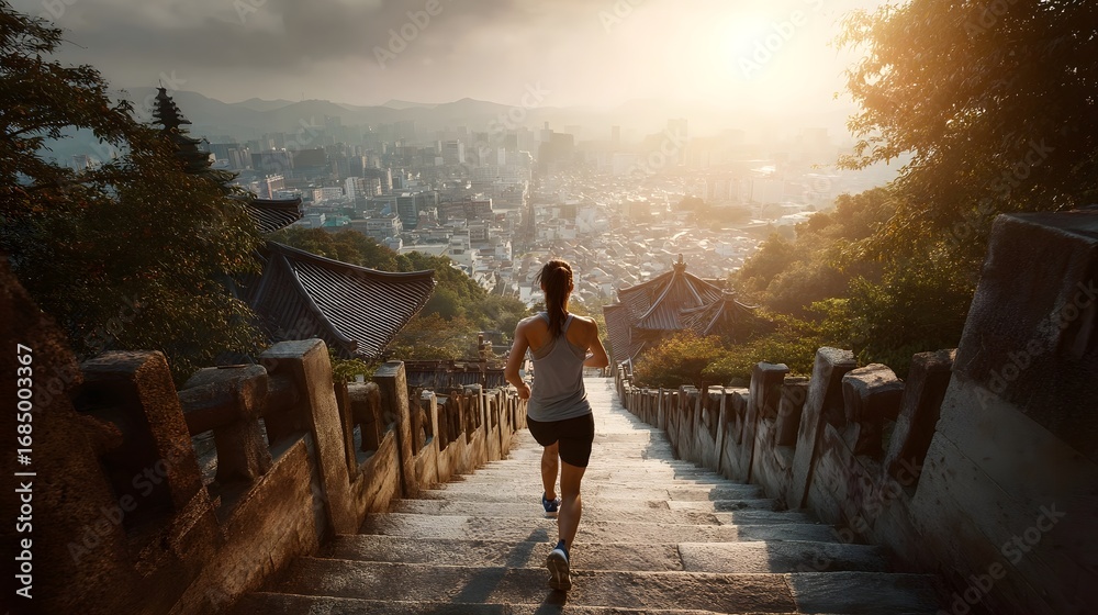 Fototapeta premium A fit woman runs up ancient stone stairs towards a scenic temple overlooking a sprawling city bathed in warm sunrise light