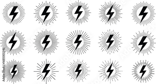 A versatile set of monochrome lightning bolt icons with sunburst effects, symbolizing dynamic energy, power, and speed