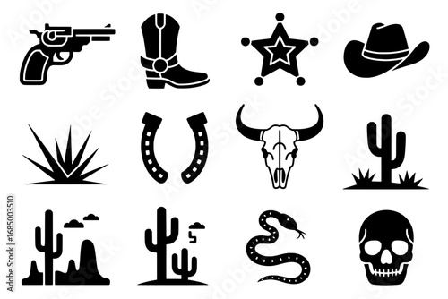 Wild West Icon Set: 12 Black Silhouette Icons of Cowboy Culture, Desert Flora & Fauna