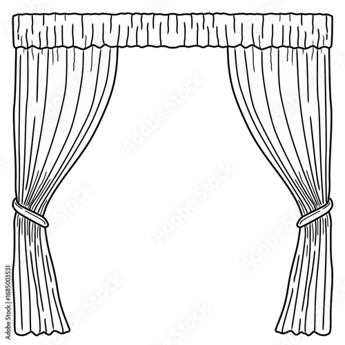Curtain hand drawn vintage style illustration. Outline black ink hand drawn sketchy in retro art doodle graphic