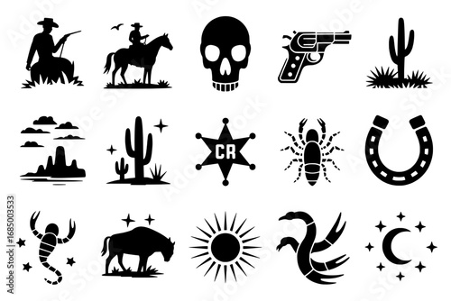 Wild West Icon Set: 18 Black Silhouette Icons of Cowboys, Desert, and Western Symbols