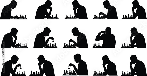 Silhouette of man playing chess, thinking strategy, moving pieces, intellectual game, board challenge, concentration, competition, brain sport activity