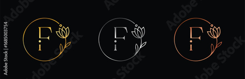 Feminine Gold, Silver & Rose Gold Floral Letter F Monogram. Minimalist Vector for Luxury Branding and Wedding Invites.