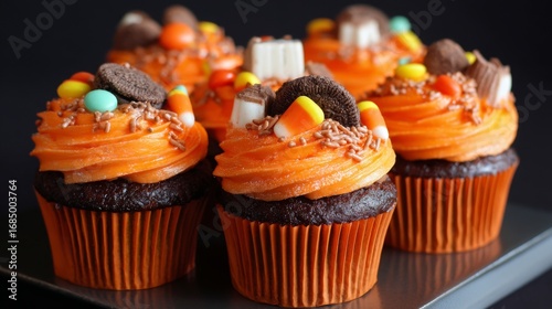 Halloween Party Cupcakes with Orange Frosting and Chocolate Base Fall Desserts