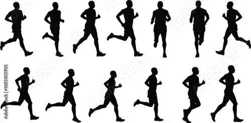 Silhouette of man running, jogging exercise, fitness training, athlete workout, sports activity, outdoor cardio endurance, healthy lifestyle, active movement