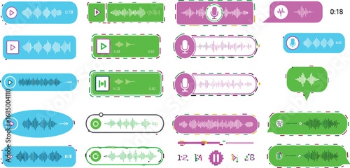 Collection of modern user interface elements for voice messages and audio players, featuring colorful sound waves and playback controls for app development