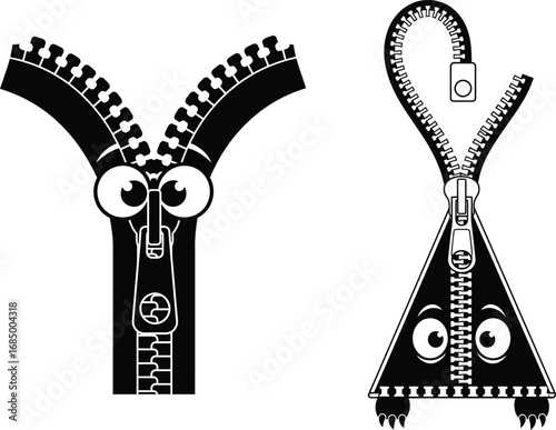 Playful Zipper Characters in Black and White Whimsical Zipper Designs with Cartoonish Features and Expressive Eyes Embodying Creativity and Fun
