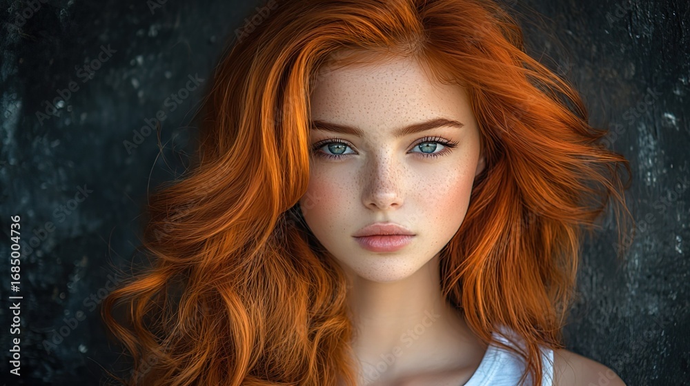 Fototapeta premium Young Woman with Long Wavy Red Hair and Freckles Against Dark Background 
