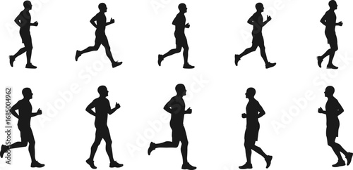 Silhouette of man running, jogging exercise, fitness training, marathon athlete, sports activity, health lifestyle, black outline, active movement, endurance
