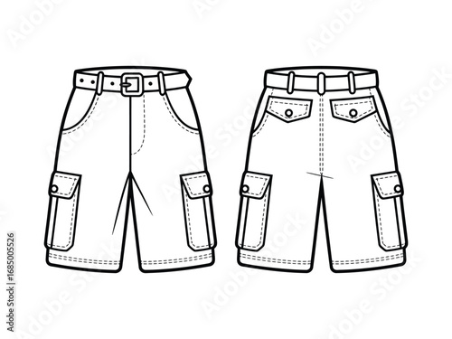 Outline Cargo Shorts Vector Illustration Front and Back View Technical Drawing Template for Garment Design and Manufacturing with Belt Loops