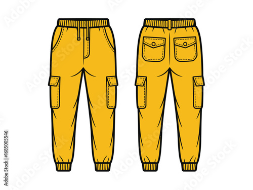 Yellow Cargo Pants Vector Illustration Front and Back View Technical Drawing Template for Garment Design and Manufacturing with Elastic Cuffs