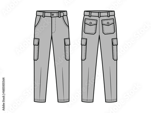 Technical Flat Sketch of Cargo Pants with Pockets and Belt Loops for Apparel Design Front and Back Views in Vector Format for Garment Industry