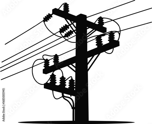 Utility pole clipart, power line vector, electric pole silhouette, energy transmission art, black and white infrastructure, cable wire graphic