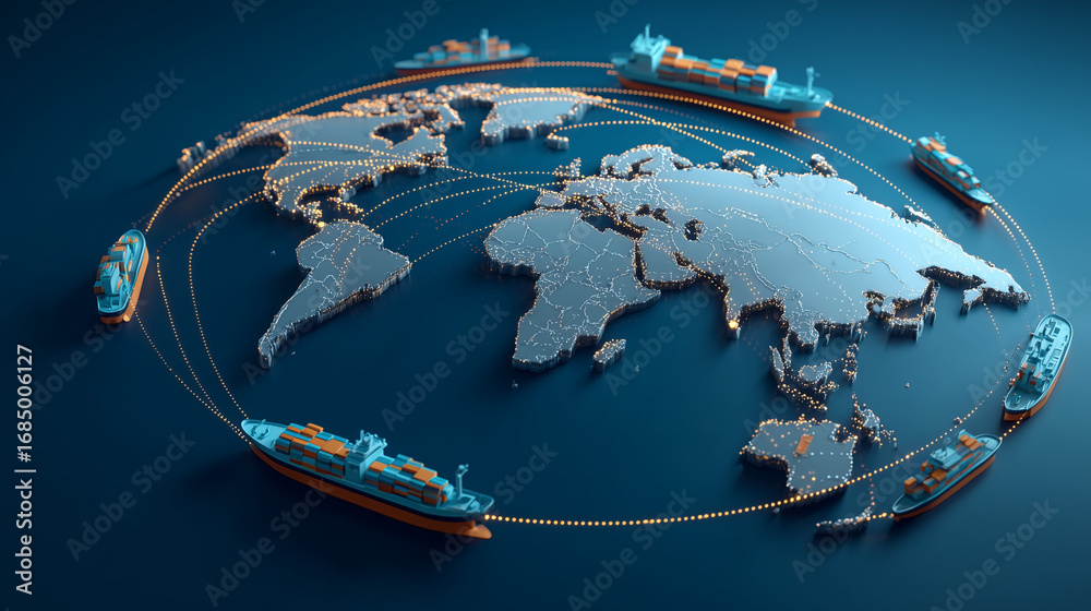 Naklejka premium Container Ships Circling a Digital World Map, Global Trade 