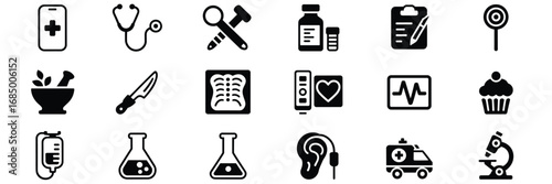 Laboratory Equipment Icon Set – Black and White Symbols for Scientific Research, Chemistry, and Safety
