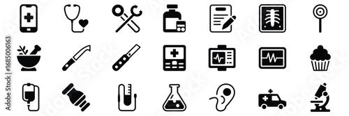 Laboratory Equipment Icon Set – Black and White Symbols for Scientific Research, Chemistry, and Safety