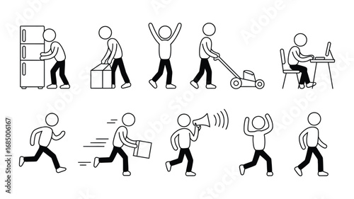 Stick Figure Icons Set Depicting Various Activities and Occupations on Transparent Background: Moving, Carrying, Cheering, Mowing, Working, Running