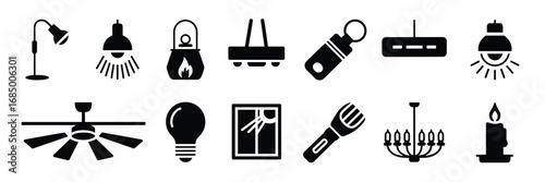 Lighting Fixture Icon Set – 15 Black and White Symbols for Lamps, Bulbs, and Interior Illumination
