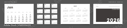 2026 Calendar Planner Set of Template Monthly Page, Cover with Place for Photo, Company Logo, Annual 2027. Vector layout of wall or desk minimalist organizer with week start Sunday in print. Pages A4