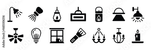 Lighting Fixture Icon Set – 15 Black and White Symbols for Lamps, Bulbs, and Interior Illumination