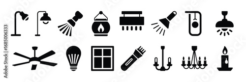 Lighting Fixture Icon Set – 15 Black and White Symbols for Lamps, Bulbs, and Interior Illumination