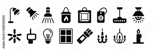 Lighting Fixture Icon Set – 15 Black and White Symbols for Lamps, Bulbs, and Interior Illumination