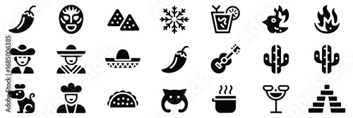 Mexican Culture Icon Set – Black Silhouette Symbols for Cuisine, Traditions, and Festive Themes