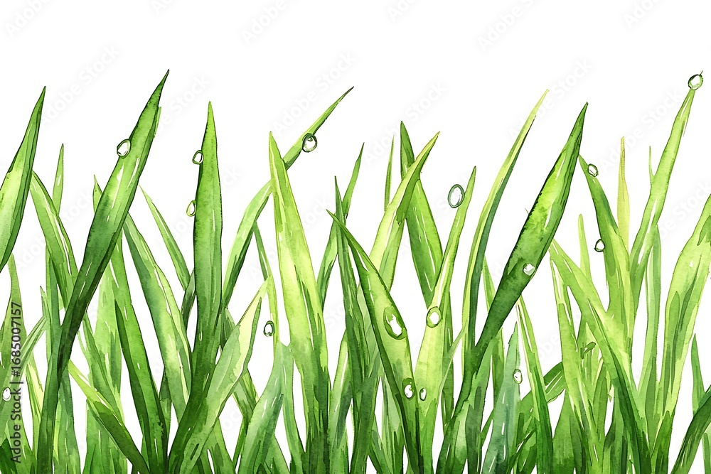 Fototapeta premium Fresh Green Grass Blades with Morning Dew Drops Awaiting Sunlight.