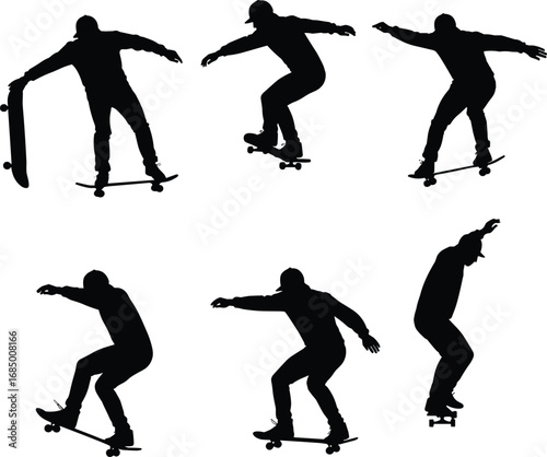 Silhouette of skateboarder performing tricks, skateboarding stunts, balance moves, urban street sport, freestyle action, extreme jump, black outline, youth lifestyle
