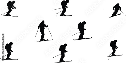 Silhouette of skier with poles, skiing downhill, winter sport, extreme action, mountain slope, outdoor adventure, snow activity, alpine lifestyle