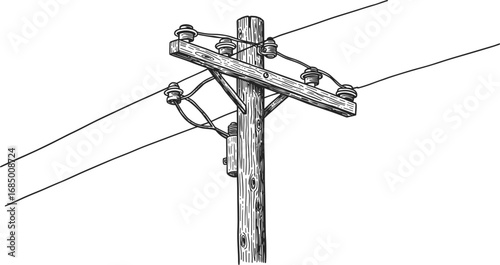 Vintage utility pole sketch, power line illustration, wood telephone pole drawing, engraved electric pole, old-fashioned energy infrastructure art