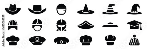 Hat & Headwear Icon Set – 20 Black Silhouette Symbols for Professions, Roles, and Cultural Styles