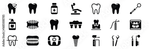 Dental Care Icon Set – Black Silhouette Symbols for Oral Health, Tools, and Procedures