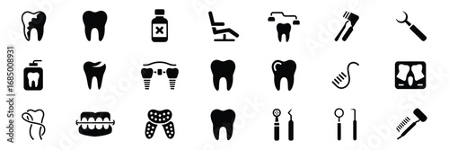 Dental Care Icon Set – Black Silhouette Symbols for Oral Health, Tools, and Procedures