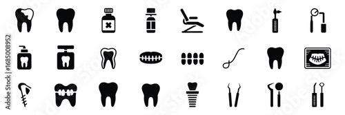 Dental Care Icon Set – Black Silhouette Symbols for Oral Health, Tools, and Procedures