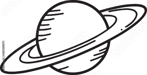 Saturn Planet Illustration with Rings in Simple Black and White Line Art Style Space Exploration Icon Astronomy Concept