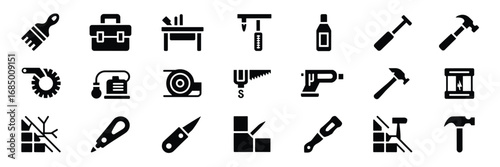 Tool & Hardware Icon Set – Black Silhouette Symbols for DIY, Construction, and Workshop Equipment