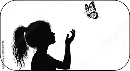 Girl silhouette reaching butterfly, black and white vector illustration, nature interaction concept, graceful pose, innocence and curiosity, minimalist design,