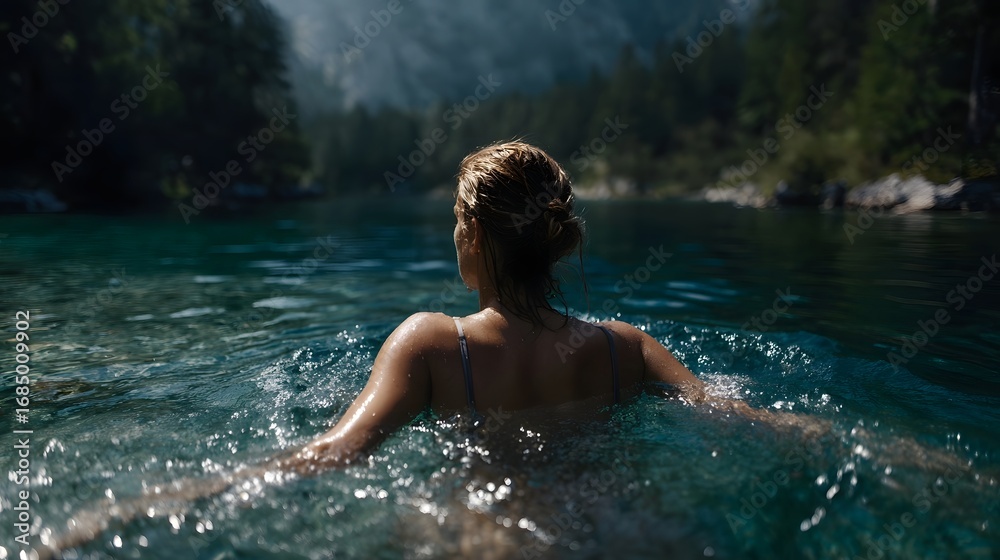 Fototapeta premium Woman enjoying a refreshing swim in crystal clear blue green lake waters surrounded by serene mountains and a lush green forest on a sunny day